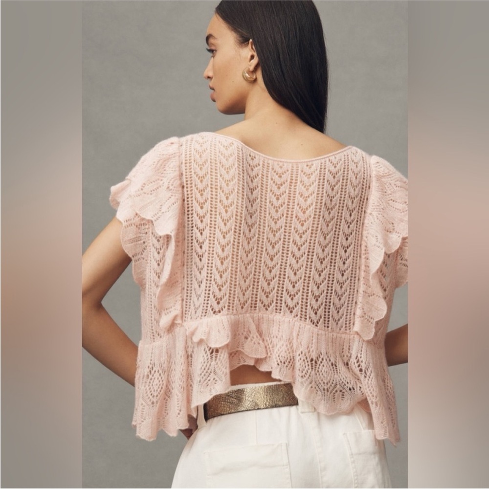 Anthropologie Flutter-Sleeve Pointelle Cashmere Sweater Tee Size XS - Picture 2 of 7